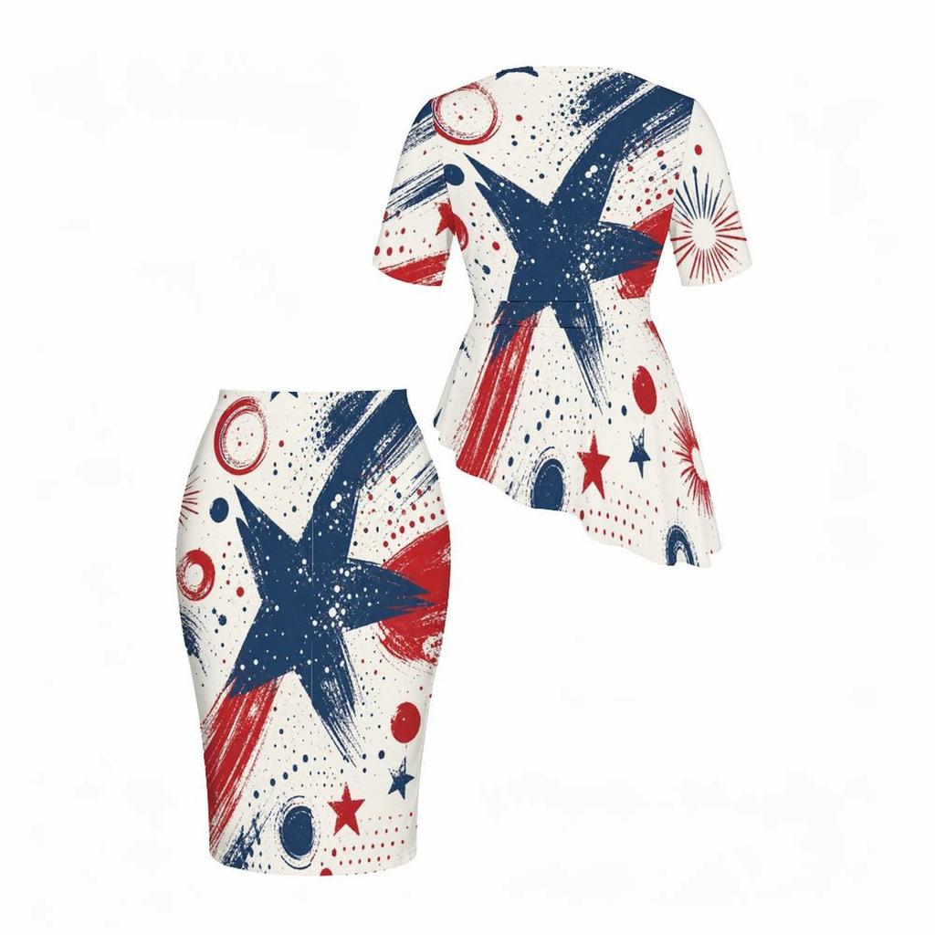 Women Plus Size Two Piece Skirt Set Round Neck Short Sleeve Printed Asymmetric Top Fitted Skirt Red Blue White
