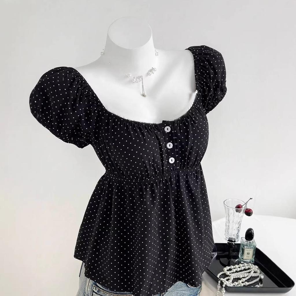 Summer New Polka Dot Puffed Sleeve Top, Printed Round Neck, Waist-cinching and Slimming Short-sleeved T-shirt for Women