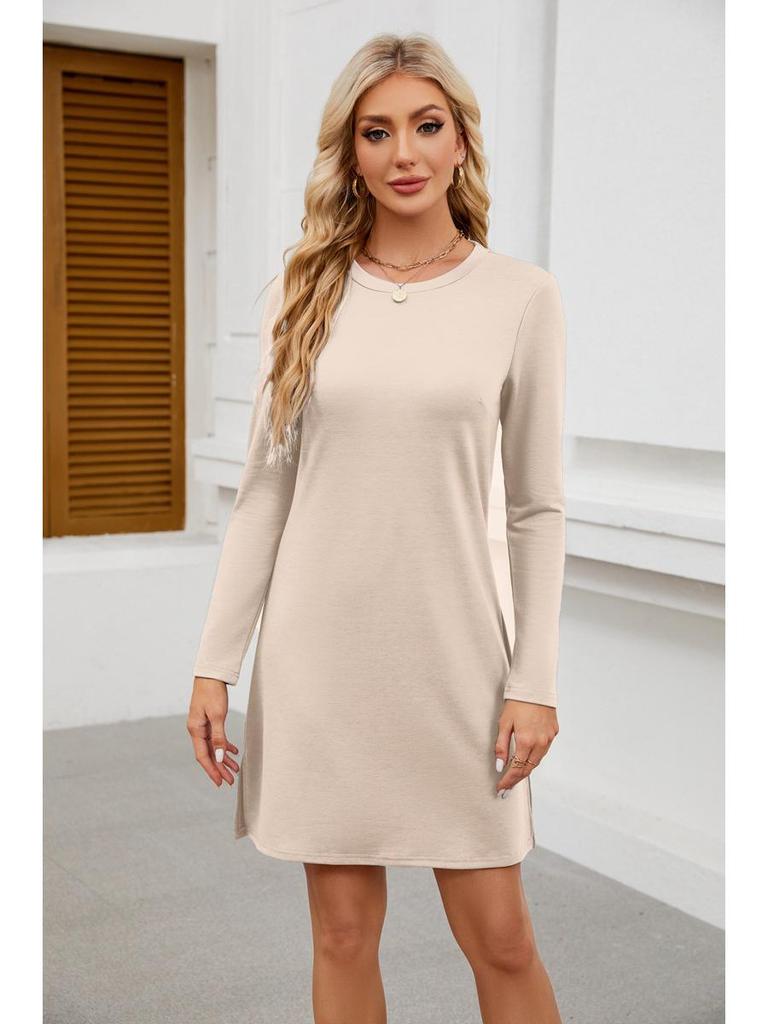 2024 Women's Casual Long Sleeve Slit Hem Dress with Round Neck