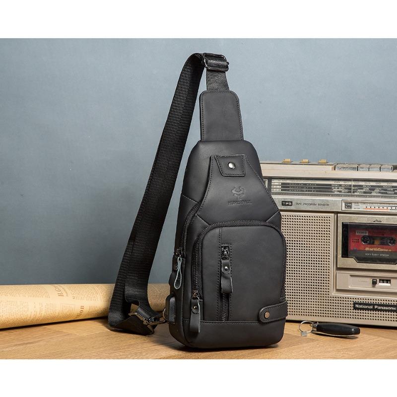 First Layer Cowhide Men's Soft Leather Chest Bag Leather Outdoor Flat Plate with Line Crossbody Bag Large Capacity Bag