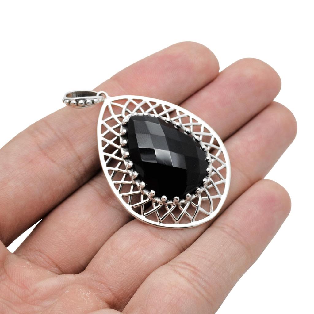 Black onyx pendant, 925 sterling silver jewelry, black gemstone pear pendant, pendant for her, gift for her
