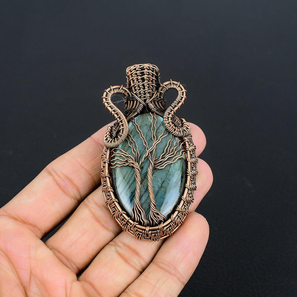 Tree Of Life Labradorite Pendant, Handmade Gemstone 999 Copper Wire Wrapped Antique Jewelry, For Gift Silver Jewelry