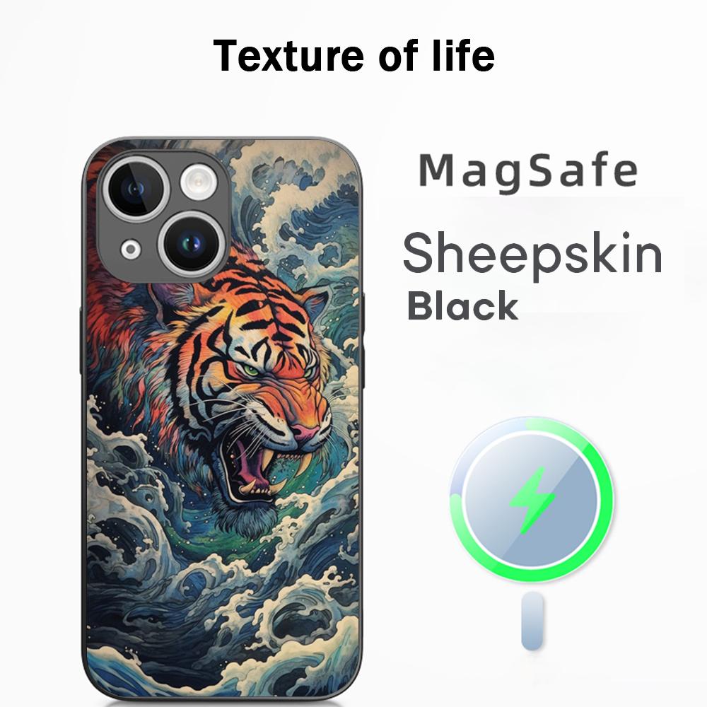 Japanese Tiger Art fashion design Phone Case For iPhone 16 15 14 13 12 11 Plus Pro Max  High-end Luxury Magsafe Sheepskin