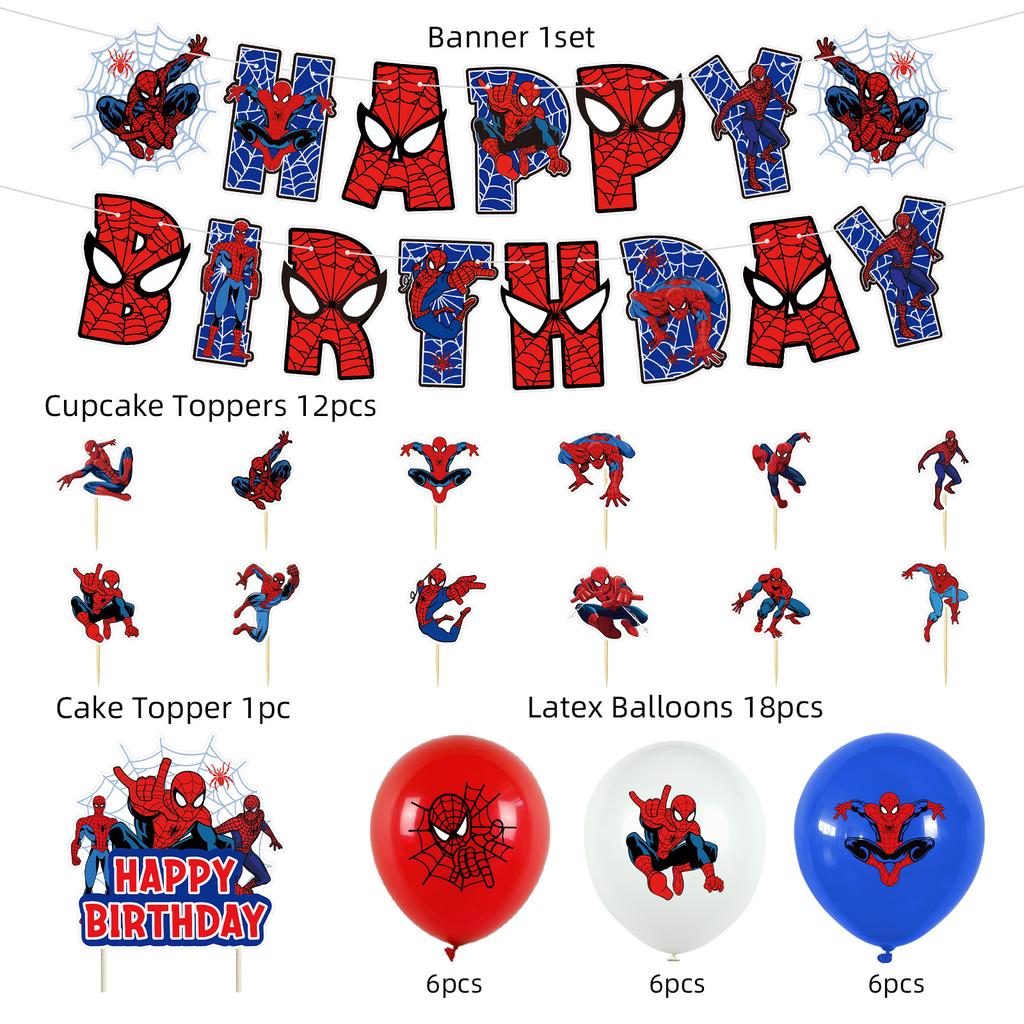 3 Pezzi Decorazioni Festa di Compleanno Spider-Man Forniture per Bambini Ragazzi Tema Marvel Stendardo Palloncino Topper per Torta Spirali da Appendere