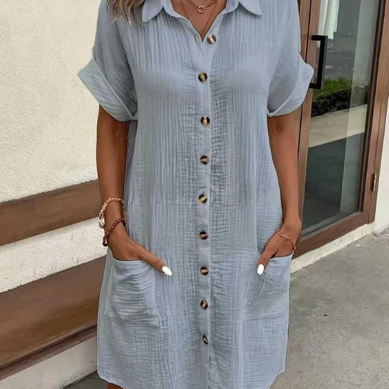 

European Style Casual Solid Color Cotton Short Sleeve Loose Fit Blouse Maxi Dress Women Clothing XXXL сірий