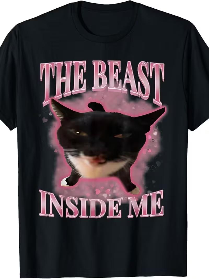 Unisexs TShirt The Beast Inside Me Funny Cat Gen Z Meme Unisex TShirt Cotton Tee Vintage Streetwear Oversized Short Sleeve Tops XL