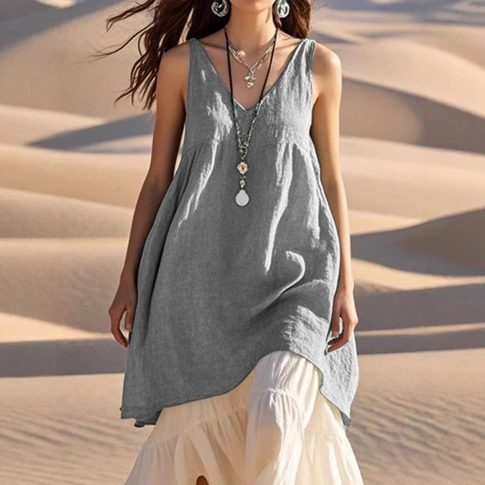 Abito da Spiaggia Casual Estivo da Donna con Scollo a V Senza Maniche in Cotone e Lino