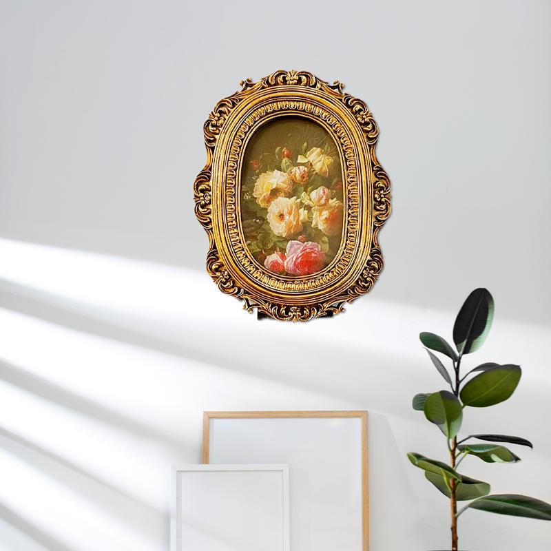 

1Pc Photo Frame Retro Swing Table European Style Random Photo Paper Classic Carved Relief Ellipse Resin
