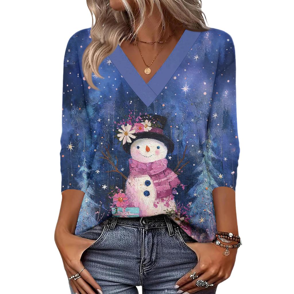 Women's Loose Comfortable Casual Fashion V-Neck Christmas Print 3/4 Sleeve Top