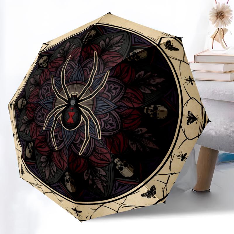 1 szt. Solidny parasol automatyczny z 8 żebrami, Parasol Aura z Gotyckim Krukiem, Czaszką i Krwią, Drukowany cyfrowo, Składany parasol do użytku na zewnątrz w podróży
