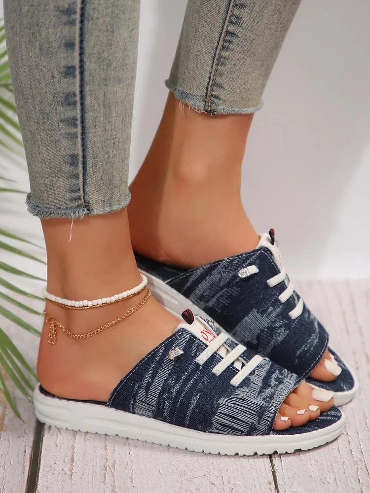 New Comfortable Lightweight Slippers for Womens Shoe Summer Round Head Open Toe Denim Slip-On Indoor Outdoor Flat Casual Sandal