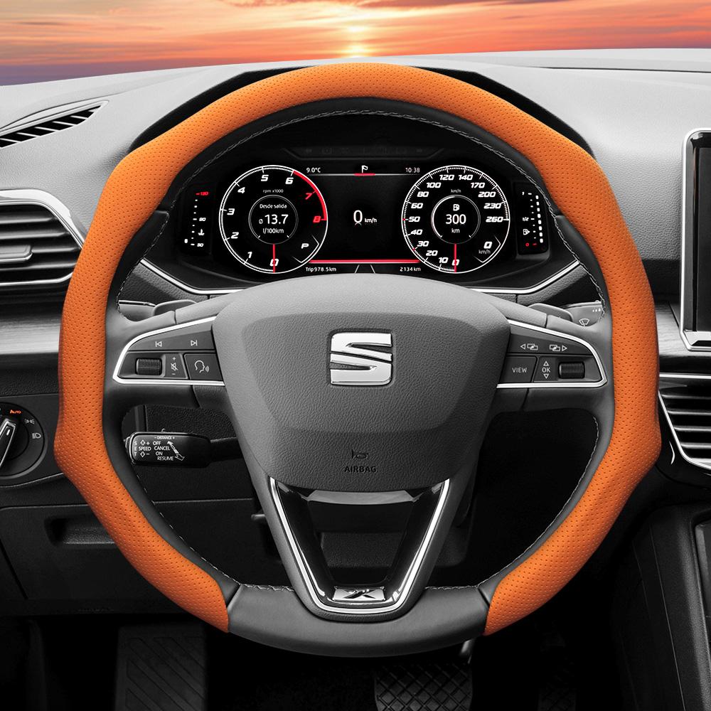 Suitable for Seat Perforated Leather Steering Wheel Cover, Non-Slip, Sweat-Absorbent, Breathable, Integrated Snap-On Protective Cover for Ibiza, Arona