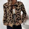 Autumn Winter Women Leopard Knitted Cardigan Long Sleeve Lace Up Coat