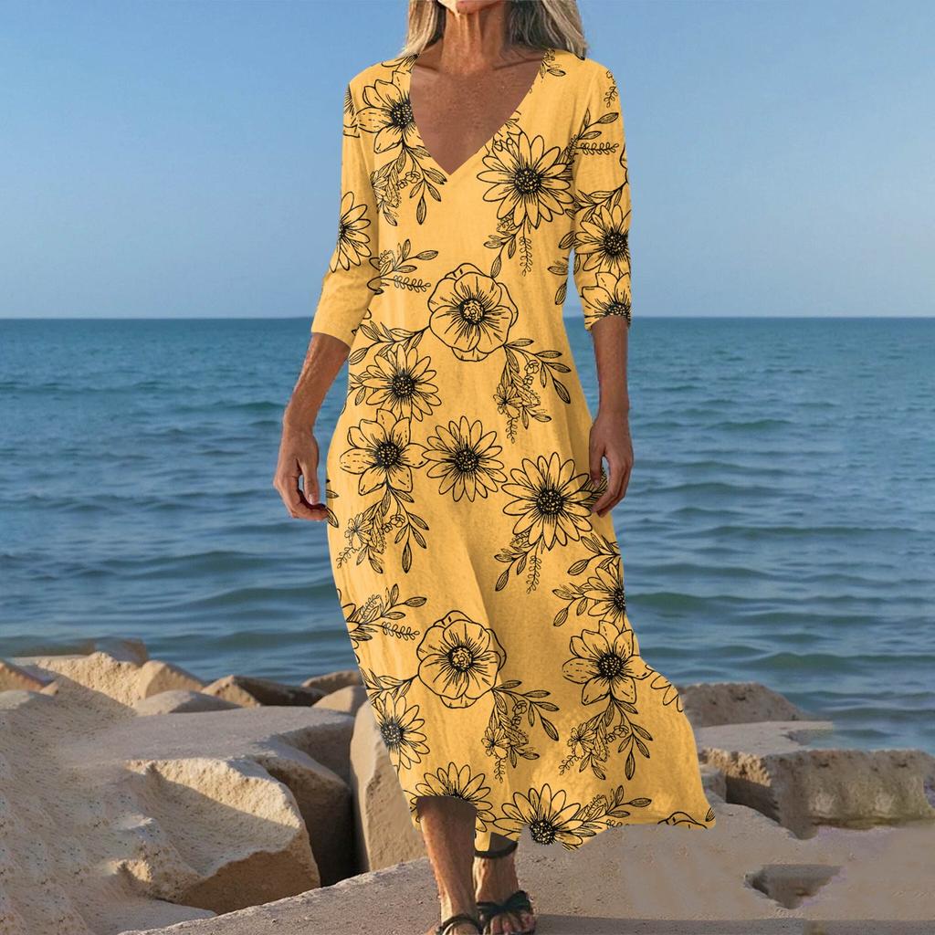 Robes Pour Femmes Tunique Imprimé Vintage Taille Ajustée Robe Midi Été Décontractée Manches 3/4