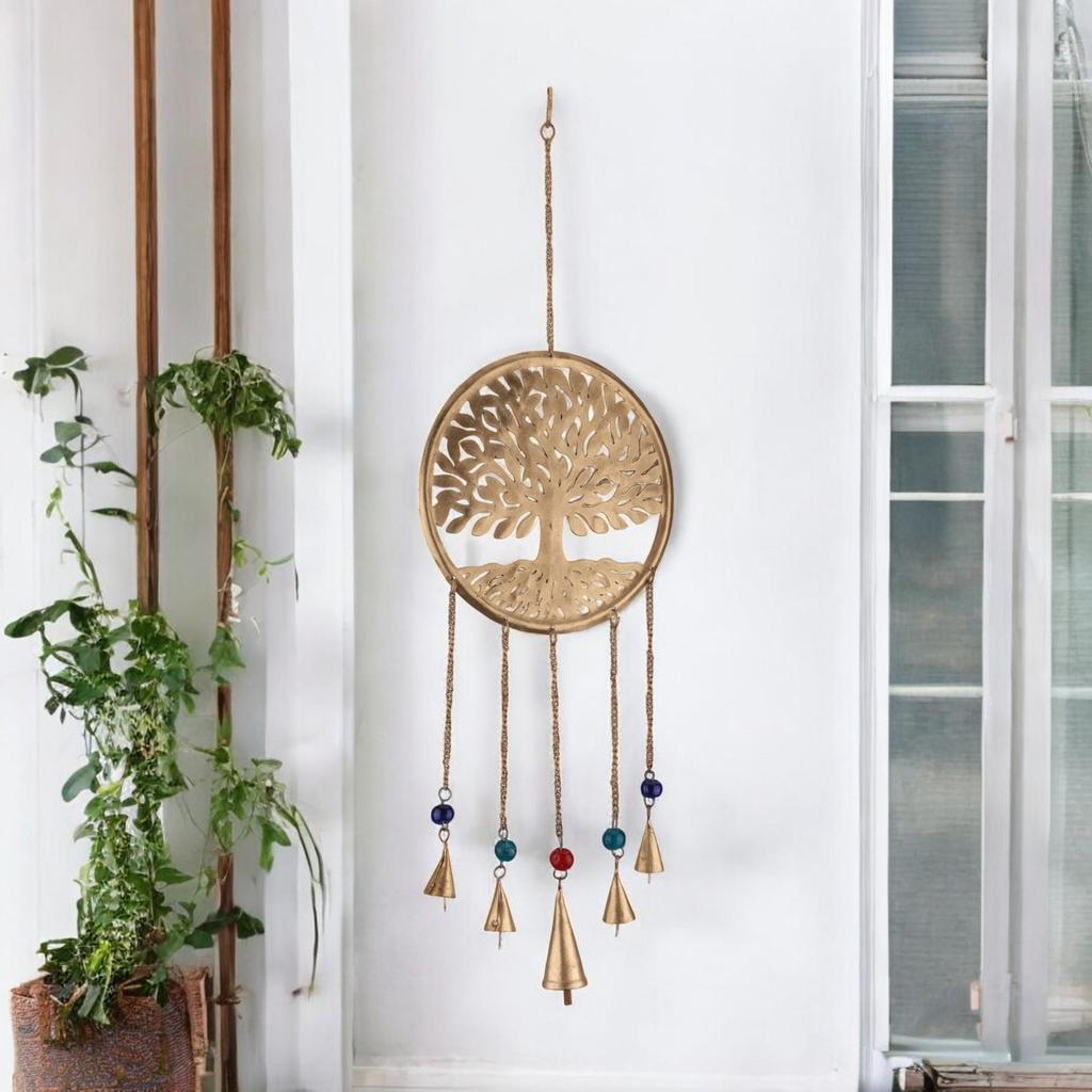 Großes 20-Zoll-Goldener Lebensbaum-Windspiel mit Glocken, Spirituelle Boho-Gartendekoration für eine beruhigende Außenatmosphäre und Zen-Meditationsräume