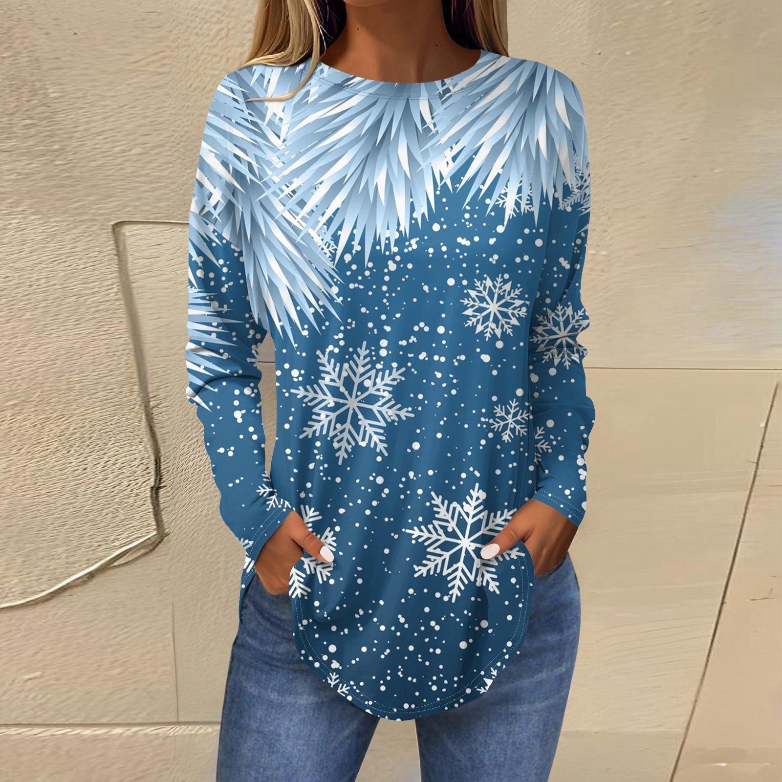 

Футболки для женщин, осенние повседневные рубашки с длинными рукавами, толстовка с ретро-принтом, топ для рождественской вечеринки, пуловер XXXL