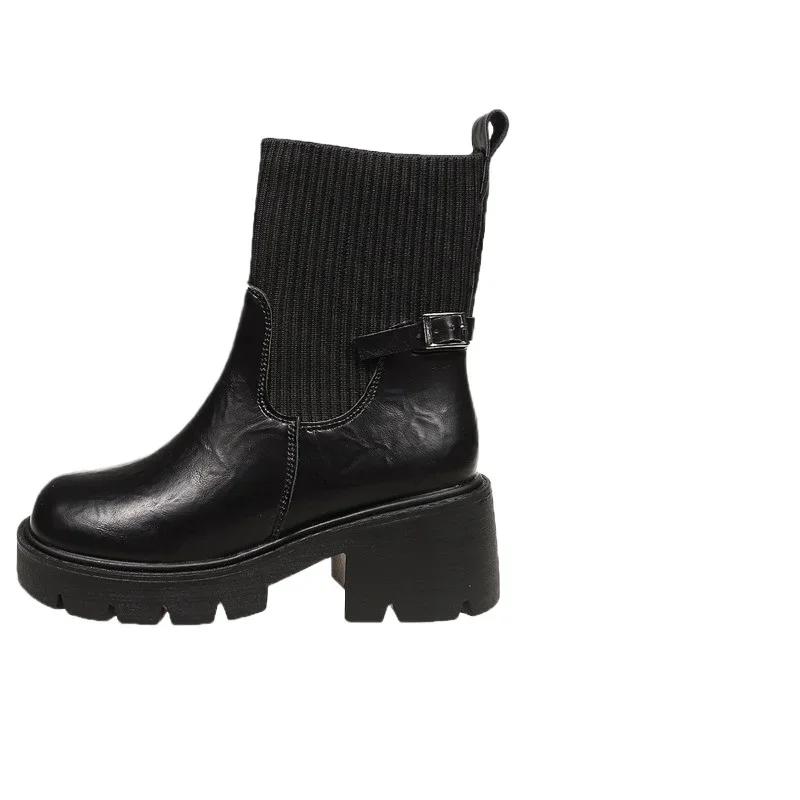 Fashion 2024 Plus Size Shoes Female Ankle Women's Boots Elegant Modern Boots Women Round Toe Chunky Heels Knitted Slip on Shoes Women