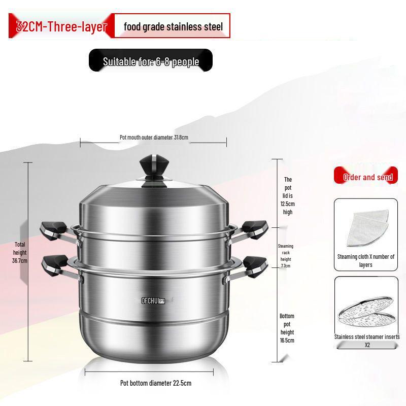 Large 304 Stainless Steel Three-Layer Household Steamer for Induction and Gas Stoves