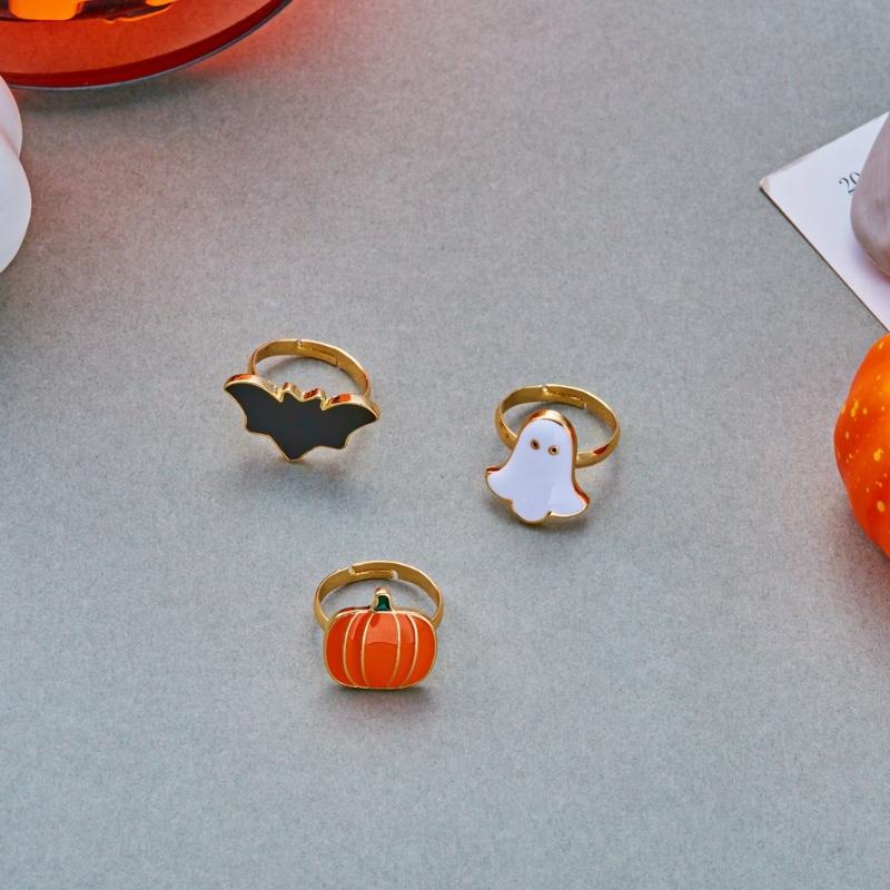 Spooky Jewelry Set for Women, 9 Piece Pumpkin Bat Figure Necklace Ring Earring Collection for Halloween Parties, Cosplay, and Themed Outfits