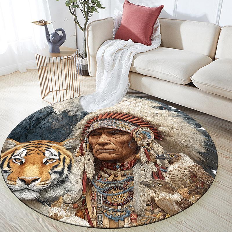 

Native American, Eagle, and Tiger Round Area Rug,Carpet Rug for Living Room Bedroom Sofa Playroom Decor,Non-slip Floor Mat 80cmx80cm