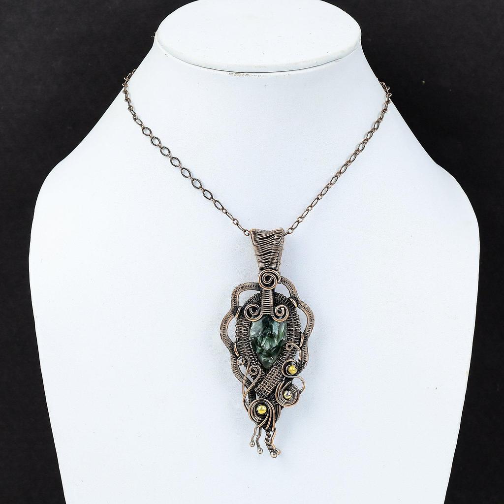 Seraphinite Pendant Copper Wire Wrapped Pendant Handmade Pendant Copper Gemstone Jewelry Unique Style Pendant Gift For Him Wire Wrap Jewelry