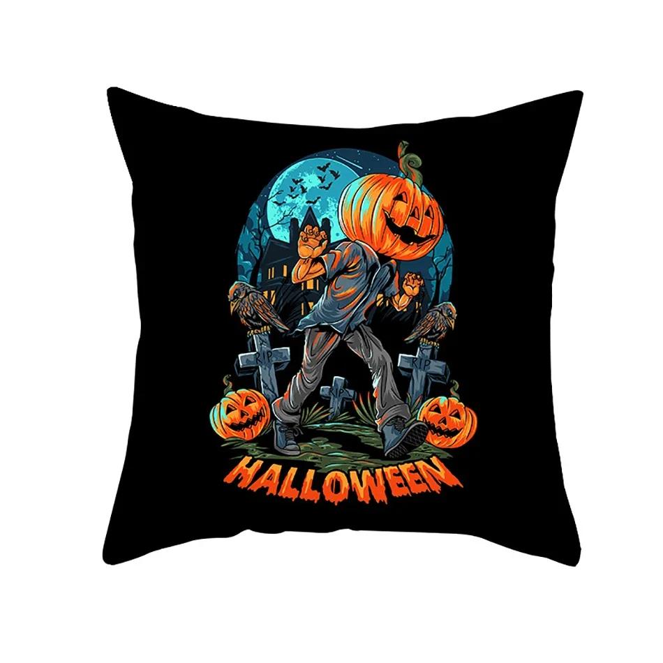 Home Decor Halloween Cushion Cover Skull Cat Scary Pumpkin Bat Castle Print Square Pillowcase Party x Funda de almohada
