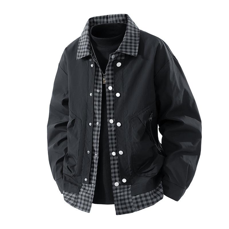 Autumn and winter new fake two-piece plaid jacket lapel versatile loose thin coat top men