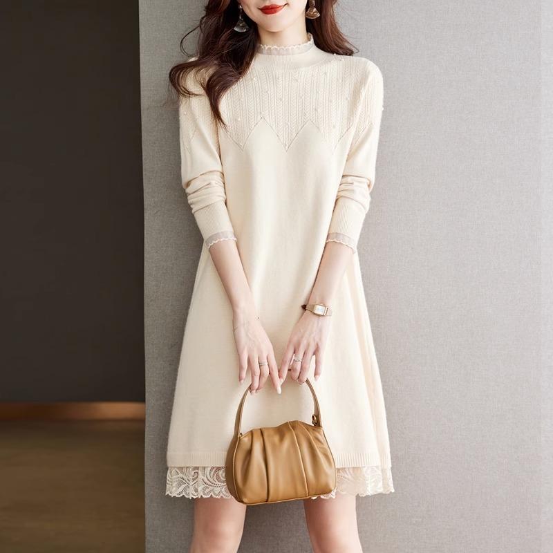 Lace Half Turtleneck Sweater Solid Color Loose Pullover for Women Casual Long-sleeved Knitted Dress for Autumn and Winter