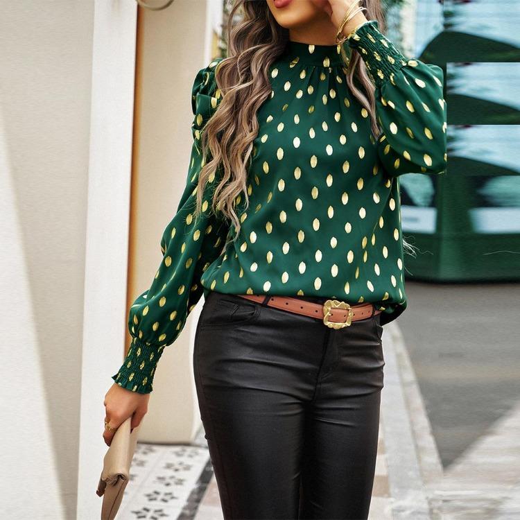 Women Loose Printed Blouses Long Sleeve Round Neck Commuting Autumn Winter