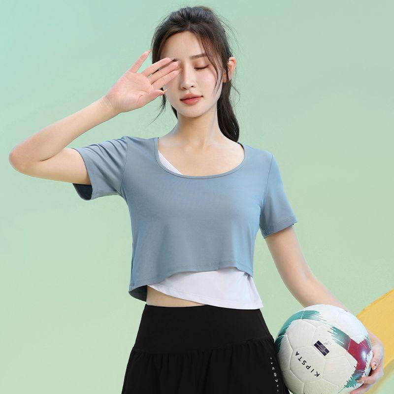 

Summer Running Workout Clothes Women Indoor Badminton Quick-Drying Top Short sleeve Fake Two Pieces Yoga Clothes Skipping Rope Sweatshirt Blue short sleeve L