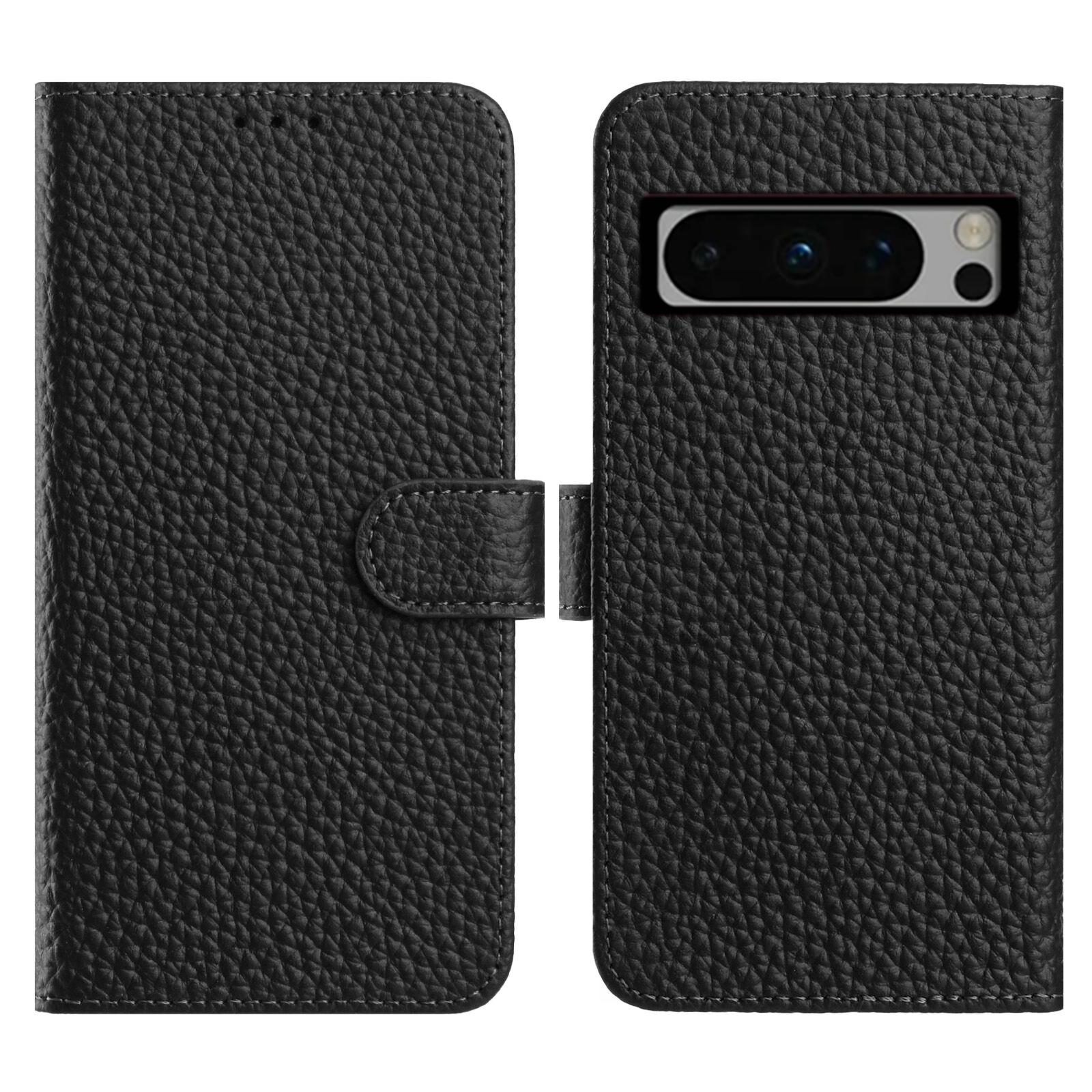 

For Google Pixel 8 Pro Case Wallet Stand Litchi Texture Genuine Cow Leather Flip Phone Cover Black