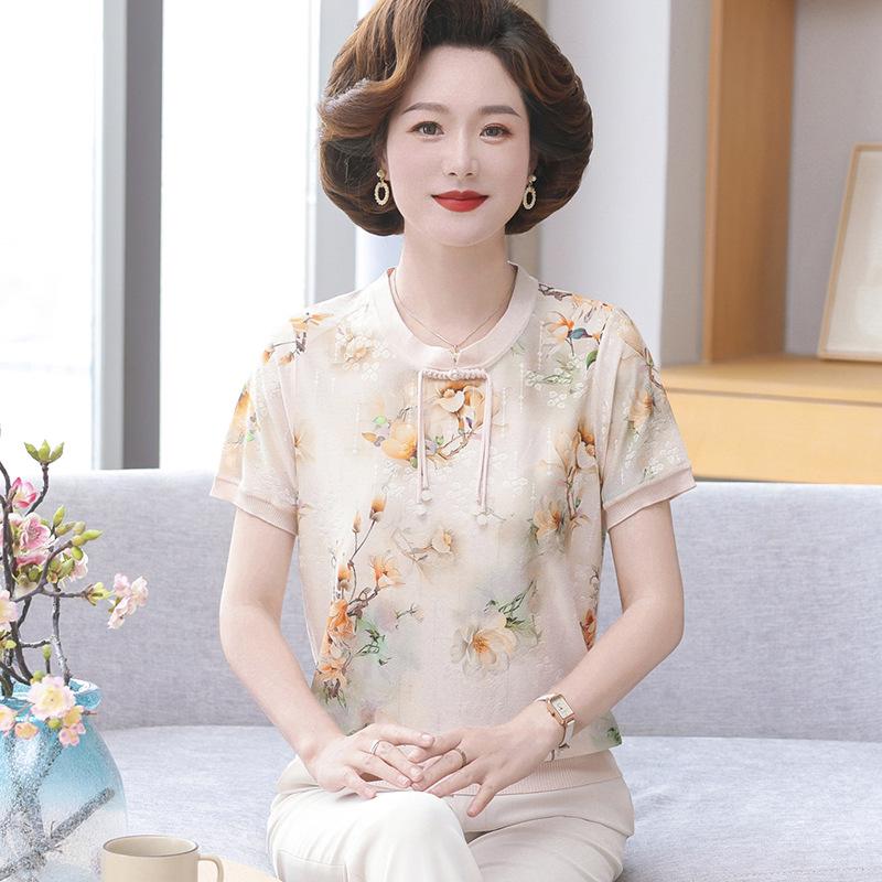 

Chic Summer Ice Silk Short-Sleeve T-Shirt for Stylish Middle-Aged and Elderly Women - New 2026 Chinese-Inspired Fashion Top XL (Recommended 100-110 lbs) жовтий