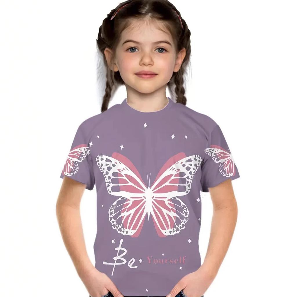 Kids T-shirt 3d Print Summer New Trendy Cute 3D Butterfly Girl Round Neck Short Sleeved T-shirt