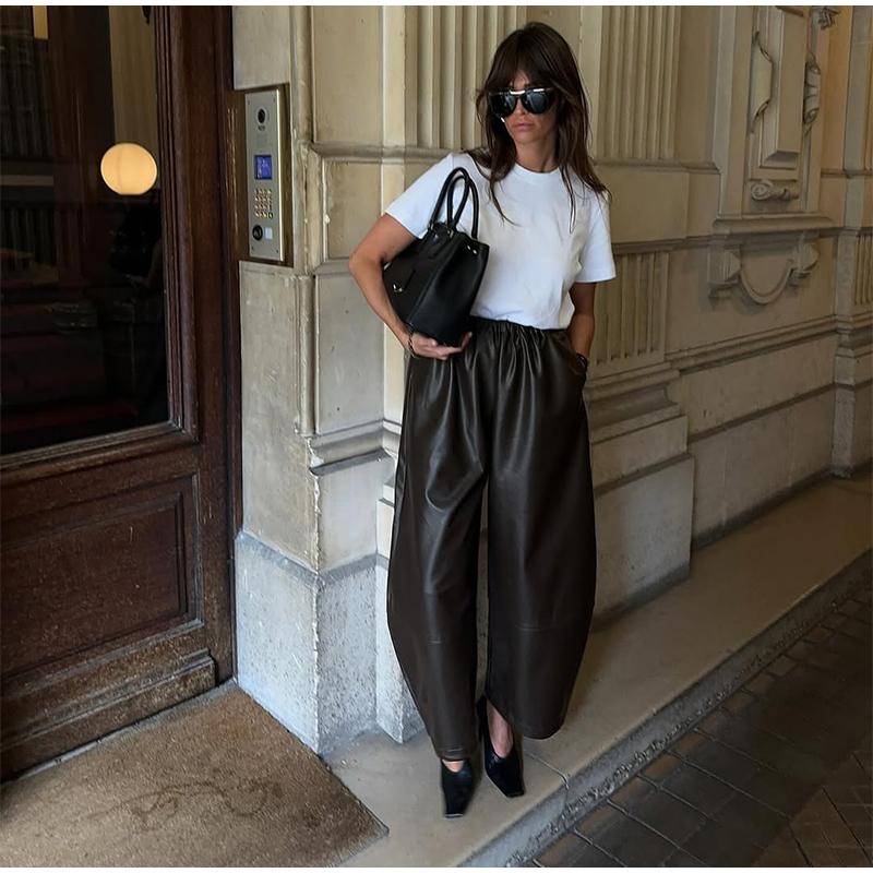 Drawstring Drawstring Lantern Leather Pants Women's Solid Color Autumn and Winter New Leather Pants Daily All-match Style Women's Pants