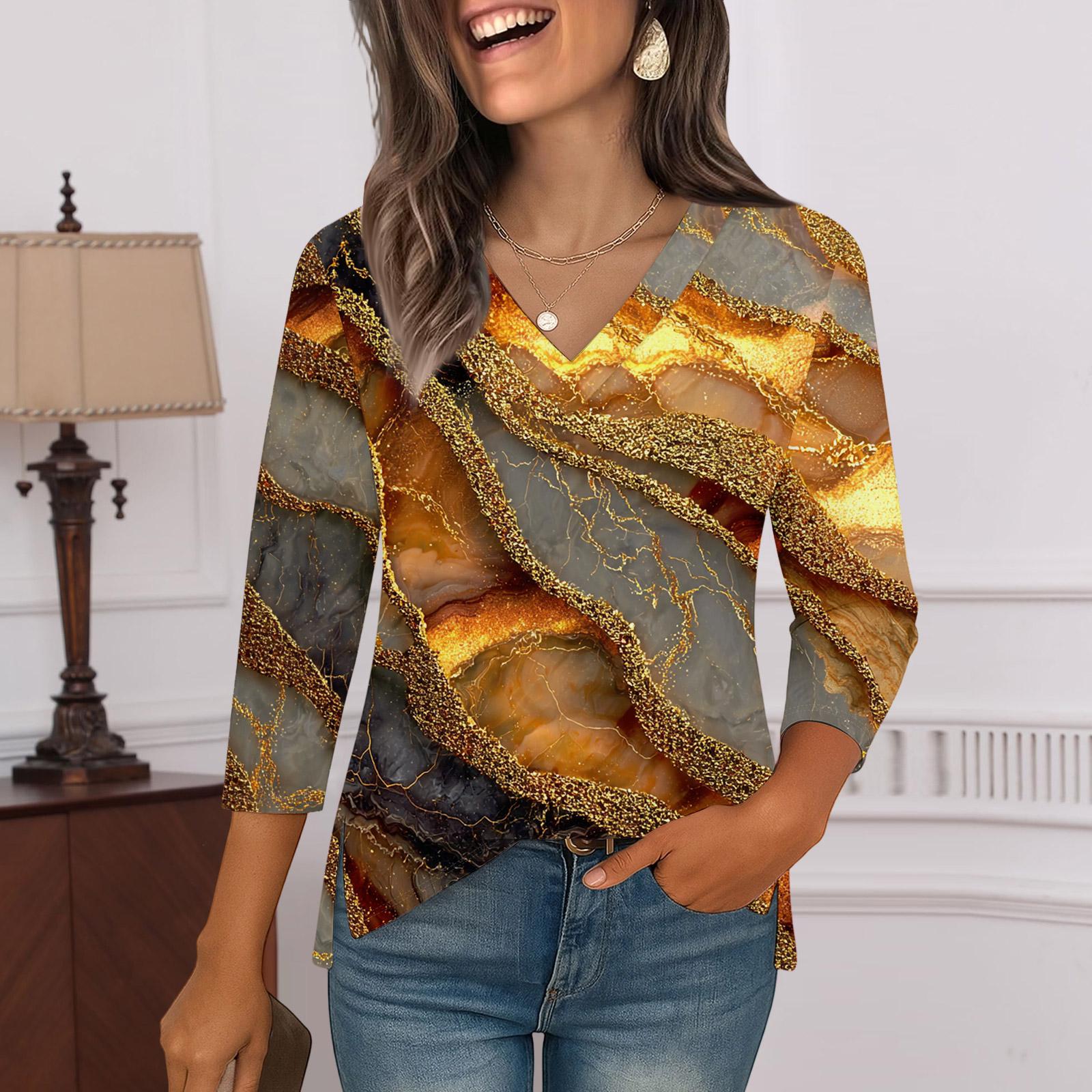 

Рубашки с рукавом 3/4 для женщин, футболки с принтом, блузки, повседневные базовые топы больших размеров, пуловеры XL золотой