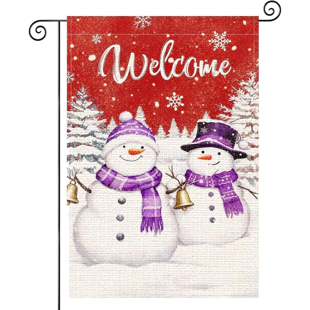 Welcome Snowman Bell Garden Flag | Snowman Purple Scarf Bells Trees Winter Yard Flag Seasonal Holiday Banner Decor for Outdoor Porch Lawn Patio Decor