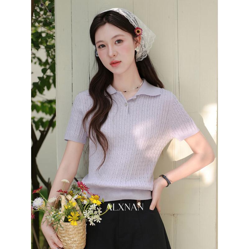 French Style Purple Lapel Knit Polo Top S