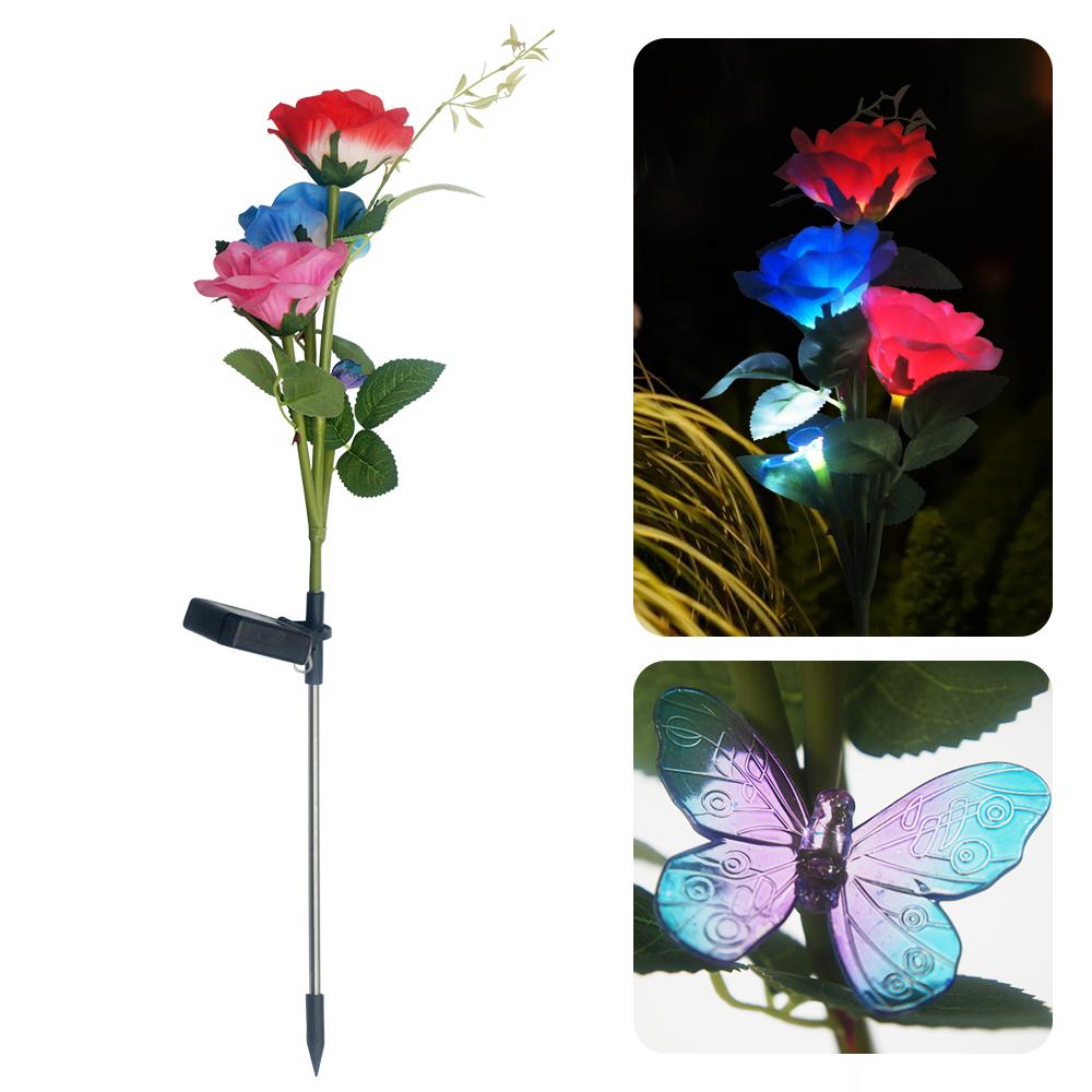 Solar Garden Lights Solar Rose Flower with Butterfly and Dragonfly Waterproof Garden Decoration for Yard Patio Stake Lamp