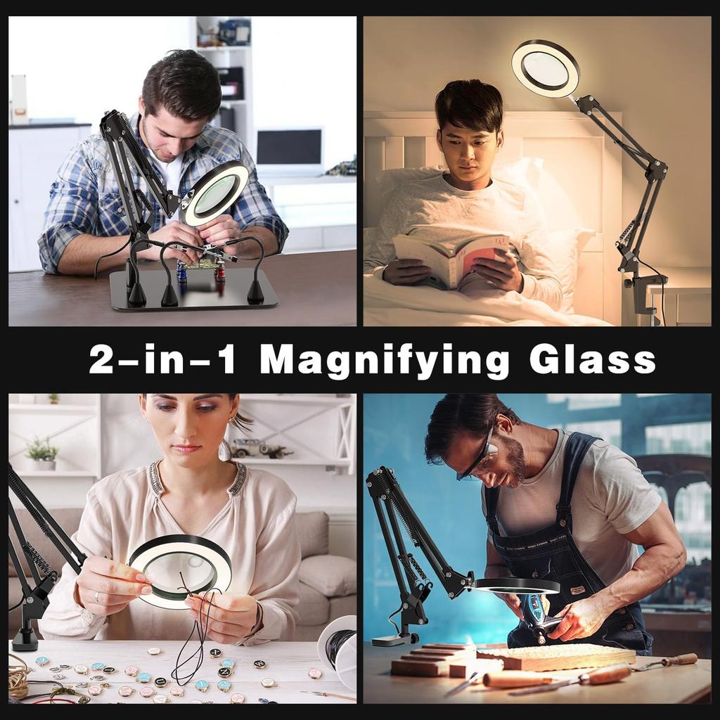 10X LED Magnifying Glass with Magnetic Base 3 Color Modes Adjustable Soldering Station with Stand for Electronics/Jewelry Repair