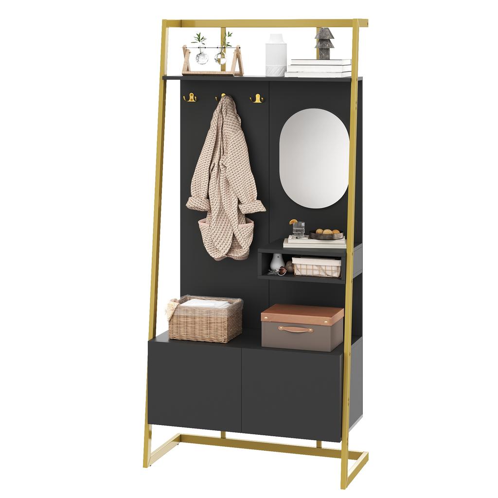 Modern Minimalist Compact Hallway Storage, Open Multifunctional Storage Cabinet with Mirror, Metal Hooks, Coat Rack with Shoe Bench,