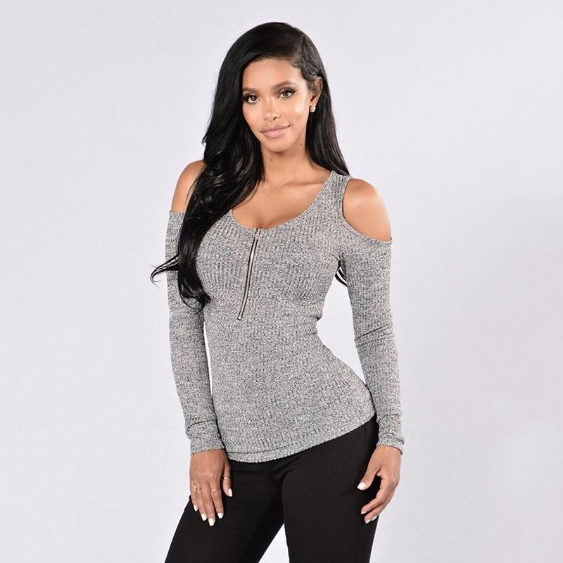 Women's Autumn Fashion Sexy Zipper Long Sleeve Stretchy Striped Off Shoulder Slim TopS