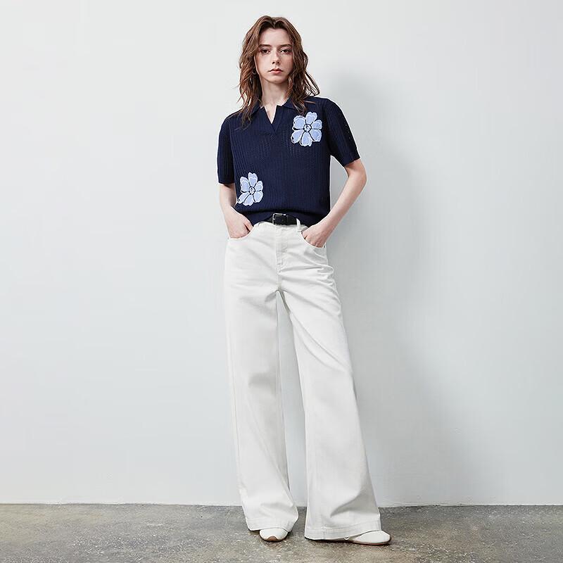 Dames Open Gewerkte Kabels Steekwerk Bloemen Poloshirt