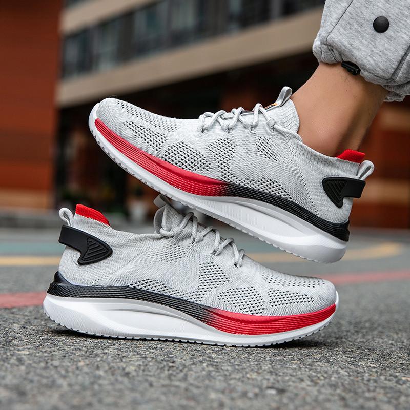 Trendy Grey Light Casual Sneakers Men Shoes Comfortable Socks Running Shoes Low Cut Breathable Mesh Large Size 46 Man Sneakers