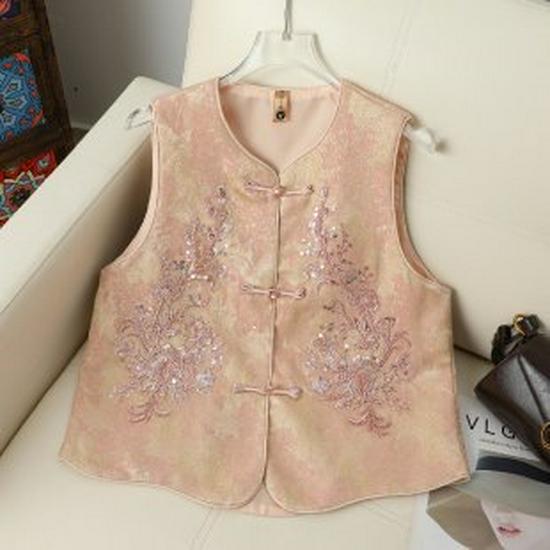 Women s Retro Chinese Style Vest: Spring-Autumn, Plus Size, Loose Fit for Middle-aged & Elderly XL розовый