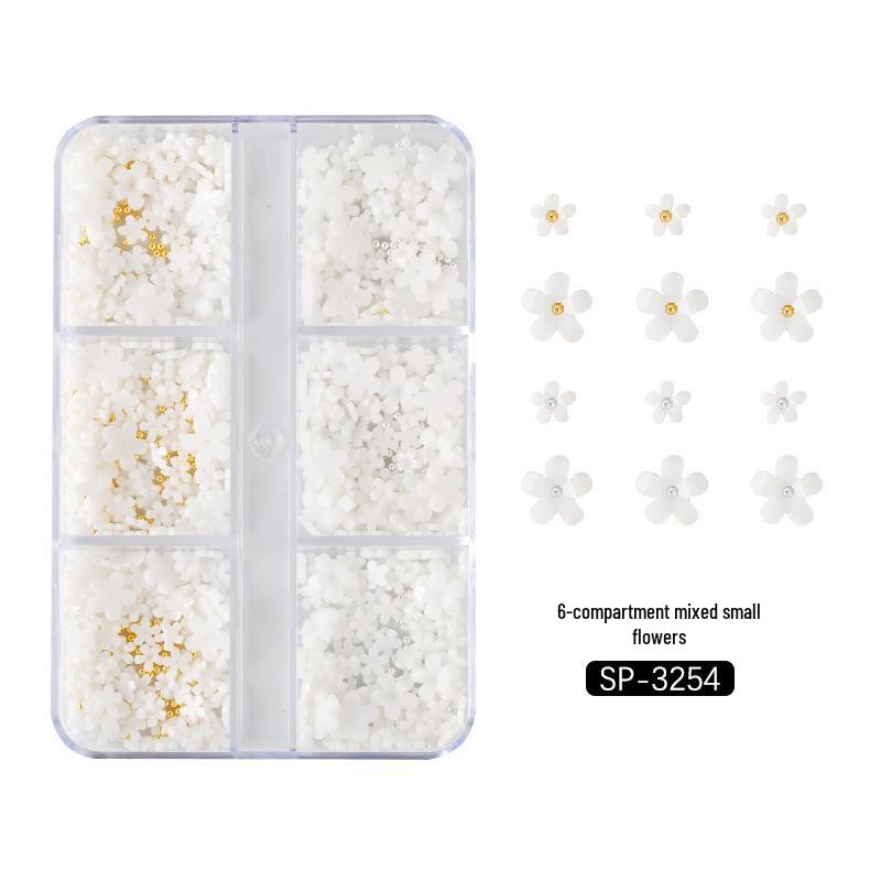 6-Grid Nail Art Set: Resin Mix, Pearls, Steel Beads, Macaron & Candy Color Flowers 3D Decor.