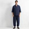 Mens Chinese Style Loose Cotton Linen Two Piece Set V Neck T Shirt Long Pants