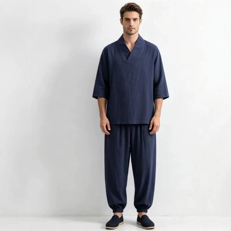 Mens Chinese Style Loose Cotton Linen Two Piece Set V Neck T Shirt Long Pants