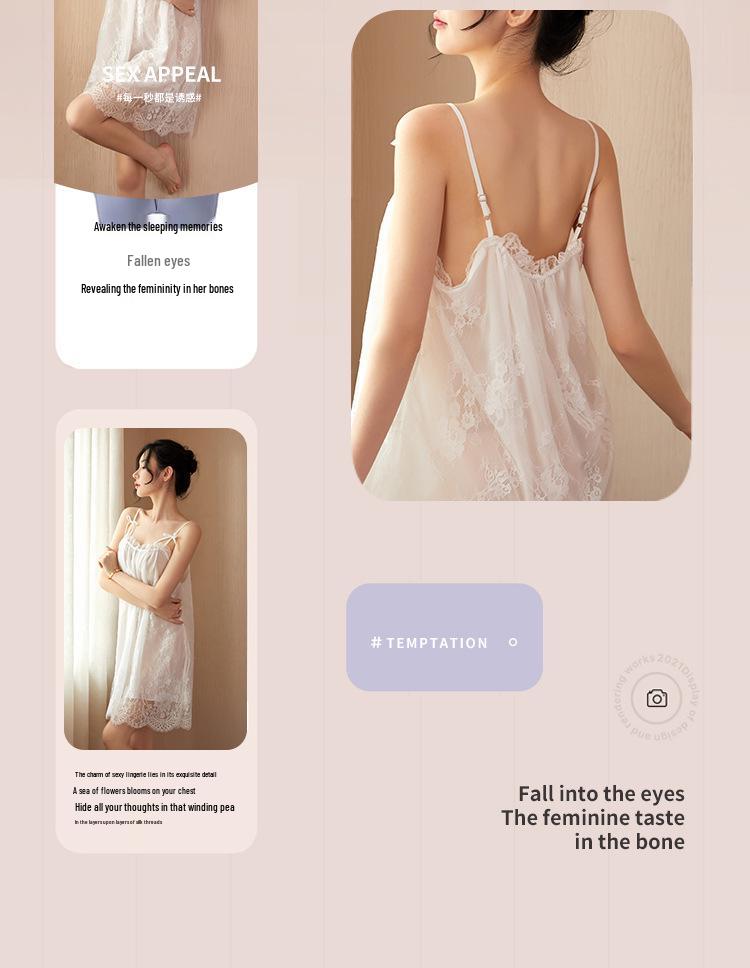 Camisón de encaje de tirantes de verano para mujer - Lencería y pijamas sexys con atadura