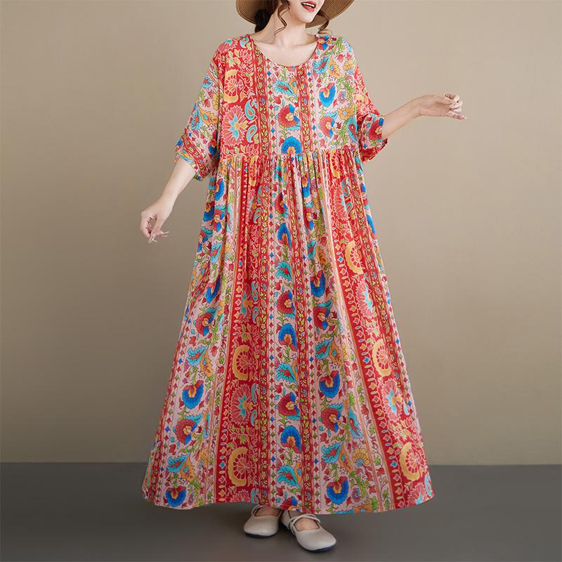 Kurzarm Plus Size Baumwolle Vintage Blumenmuster Neu in Kleidern für Damen lässig locker langes Sommerkleid