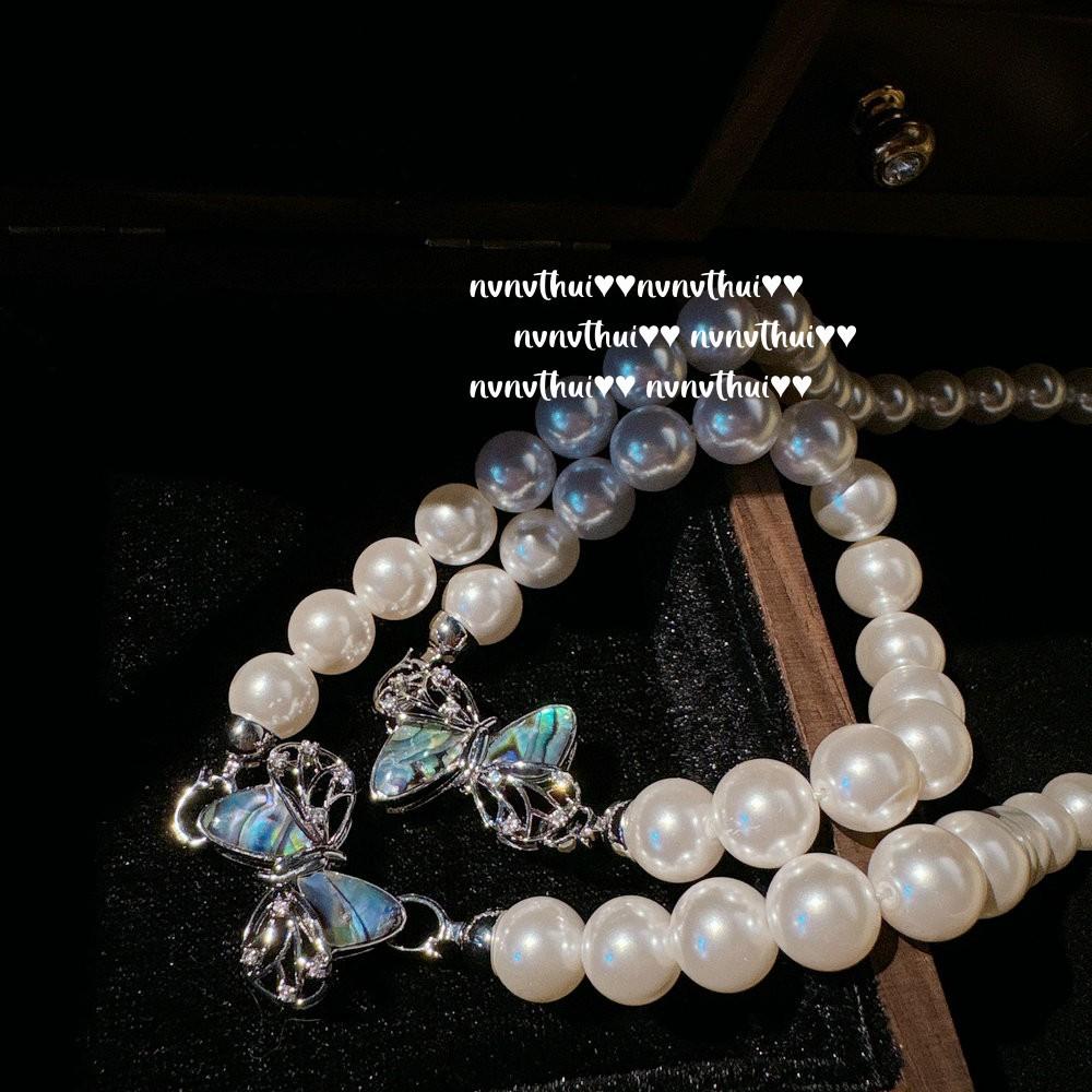 Butterfly Shell Mermaid Tears Peacock Purple Butterfly Gem Pearl Necklace, Cortez, Deep Sea Bead Bow Bracelet